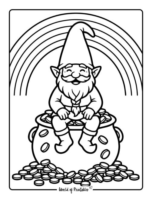 St Patricks Day Gnome On Pot Of Gold Coloring Page
