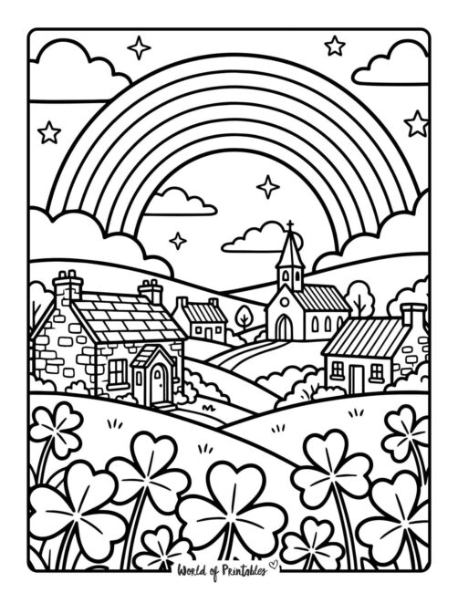 St Patricks Day Rainbow Village Scene Coloring Page