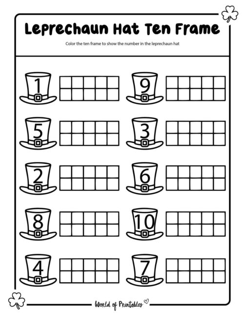 St Patricks Day ten frame worksheets - Leprechaun Hat