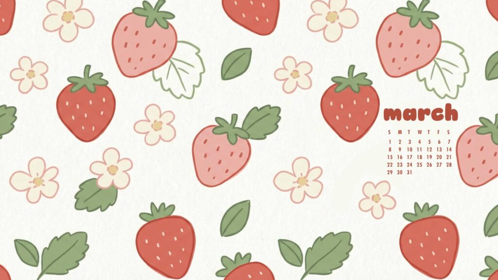 Strawberry March 2026 Desktop Calendar Background