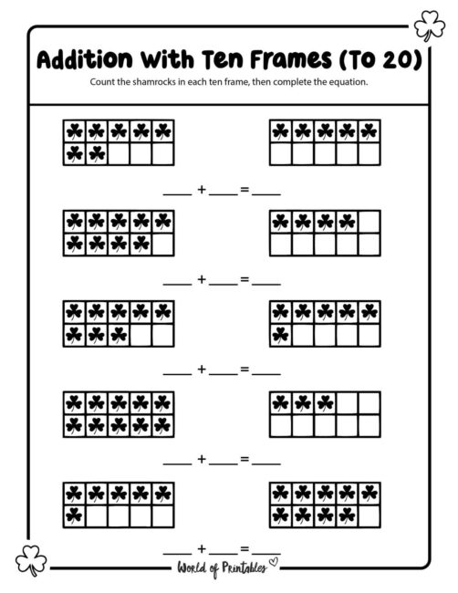 Ten frame addition to 20 Worksheet