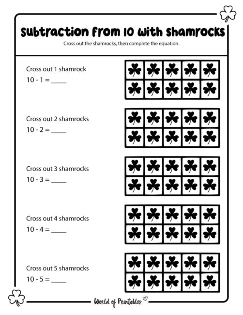 Ten frame subtraction St Patricks Day
