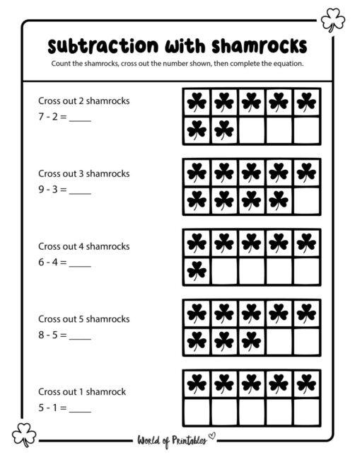 Ten frame subtraction shamrocks