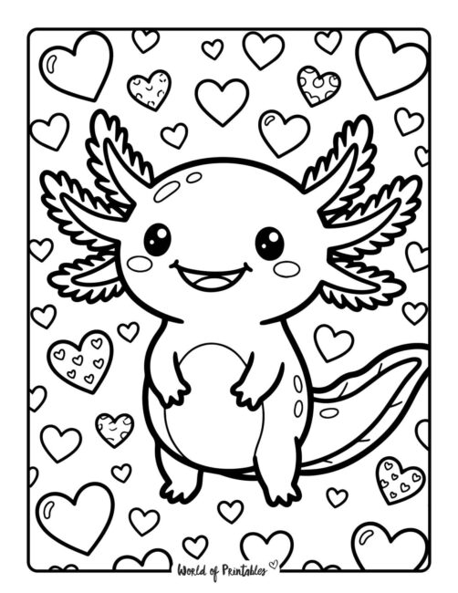 Valentines Day Axolotl Coloring Page
