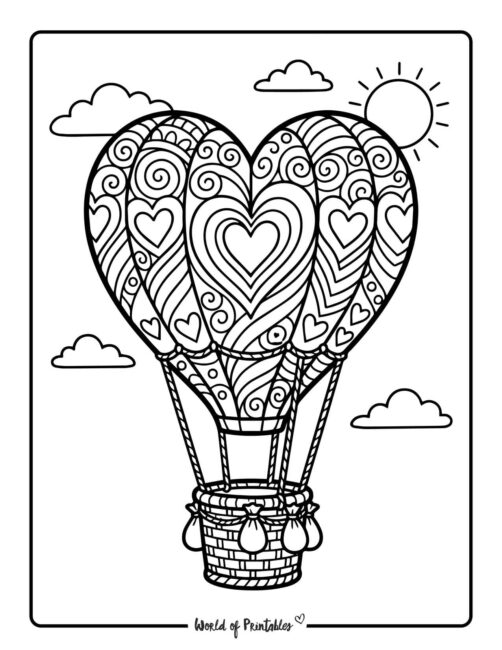 Valentines Day Hot Air Balloon Coloring Page