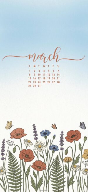 Wildflowers March 2026 Calendar Wallpaper Phone