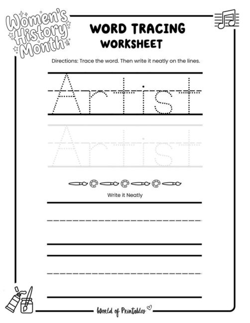 Womens History Month Artist Word Tracing Worksheet