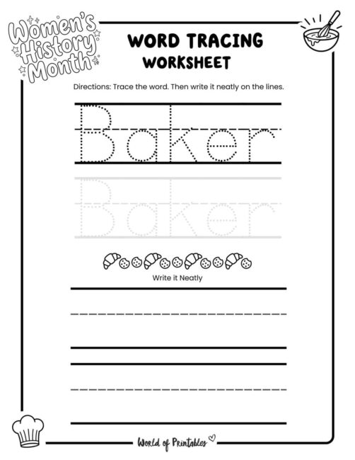 Womens History Month Baker Word Tracing Worksheet