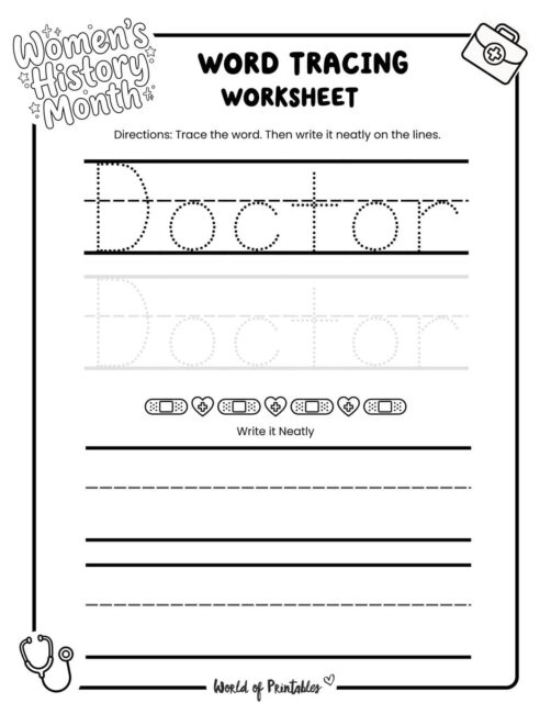 Womens History Month Doctor Word Tracing Worksheet
