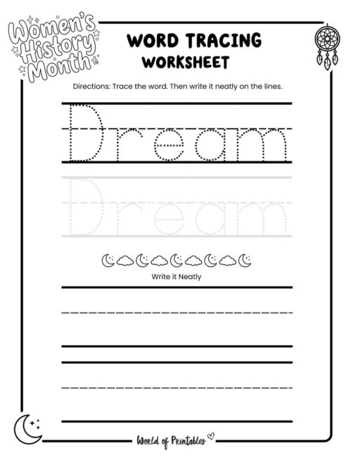Womens History Month Dream Word Tracing Worksheet