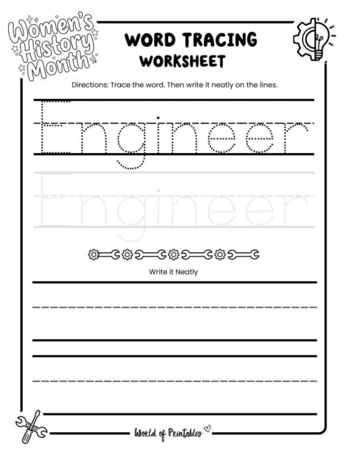 Womens History Month Engineer Word Tracing Worksheet
