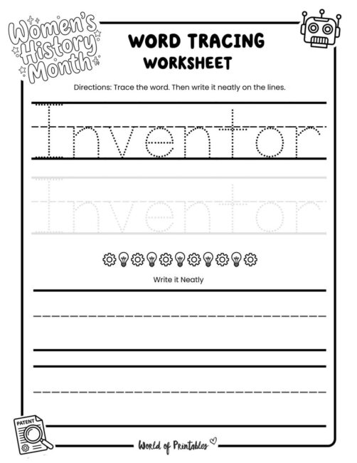 Womens History Month Inventor Word Tracing Worksheet