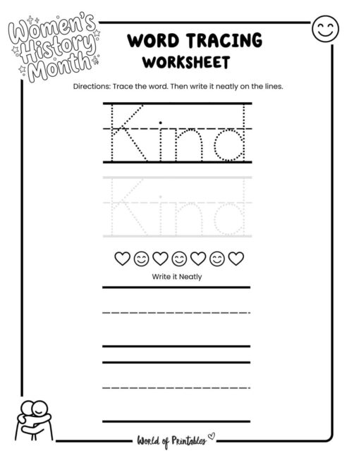 Womens History Month Kind Word Tracing Worksheet