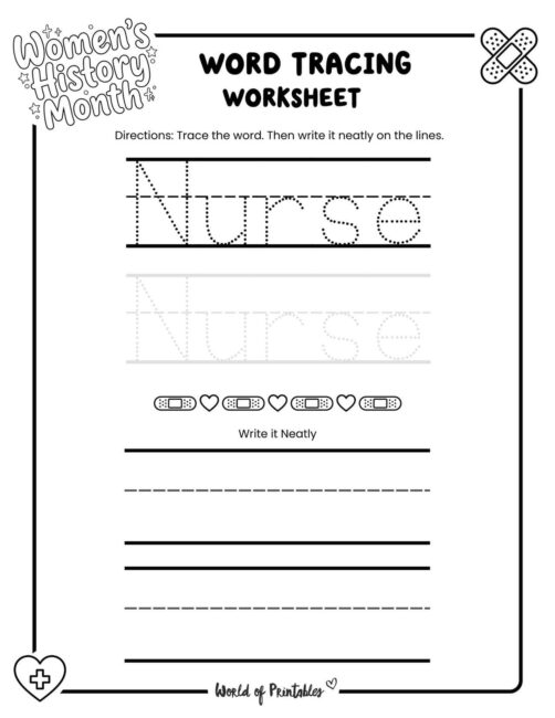 Womens History Month Nurse Word Tracing Worksheet