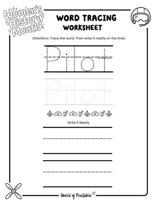 Womens History Month Pilot Word Tracing Worksheet