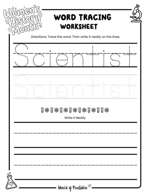 Womens History Month Scientist Word Tracing Worksheet