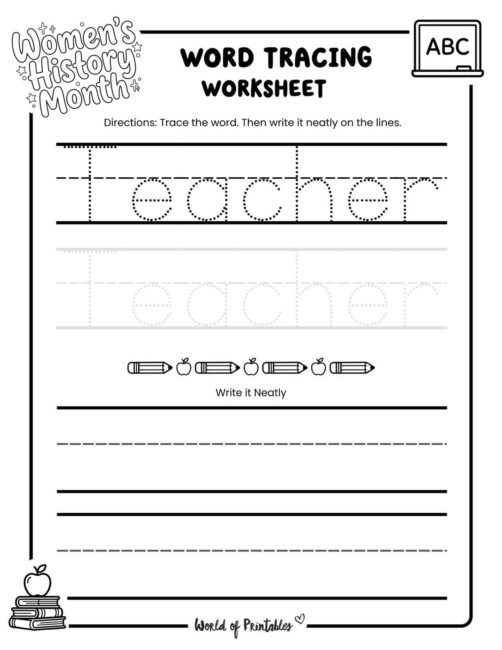 Womens History Month Teacher Word Tracing Worksheet