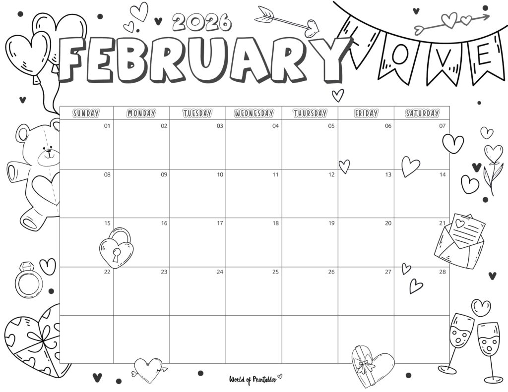 february 2026 calendar with cute valentines-themed doodles and ample writing space