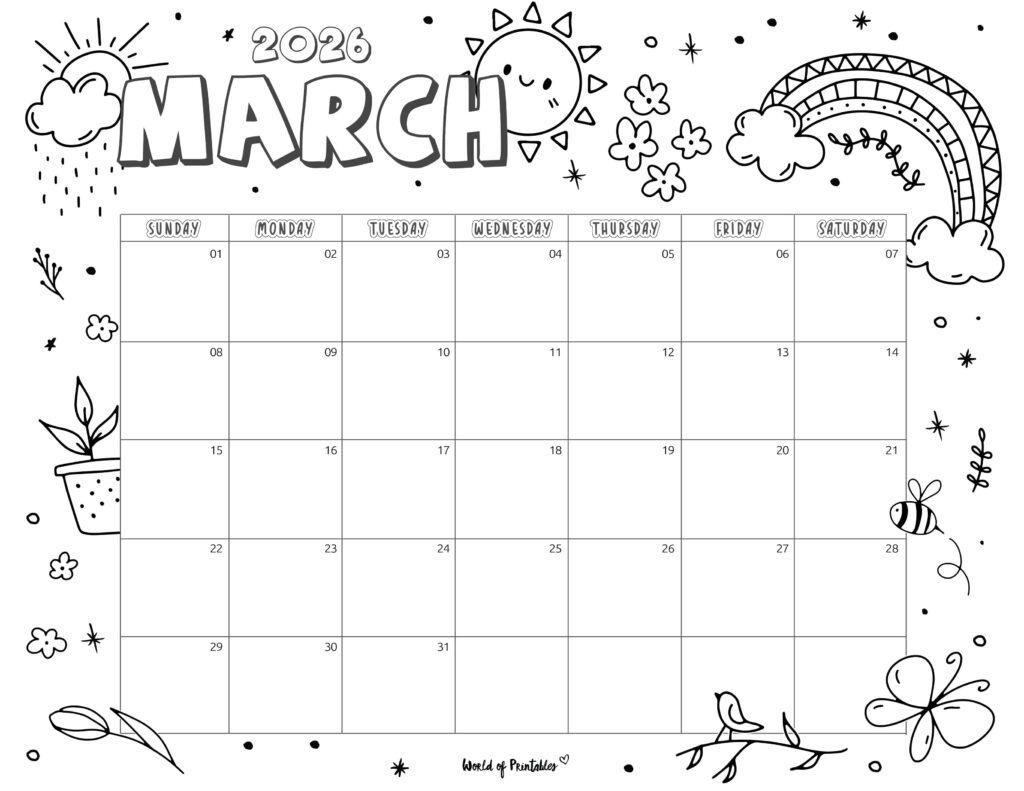 march 2026 calendar with cute spring-themed doodles and ample writing space
