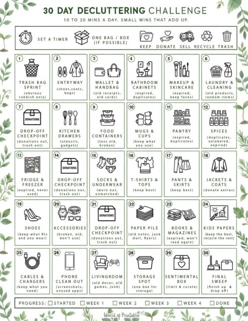 30 Day Decluttering Challenge Printable - Botanical Theme