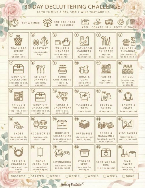 30 Day Decluttering Challenge Printable - Classic FloralnTheme