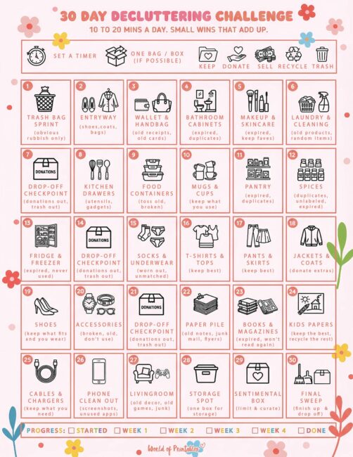 30 Day Decluttering Challenge Printable - Colorful Fun Theme