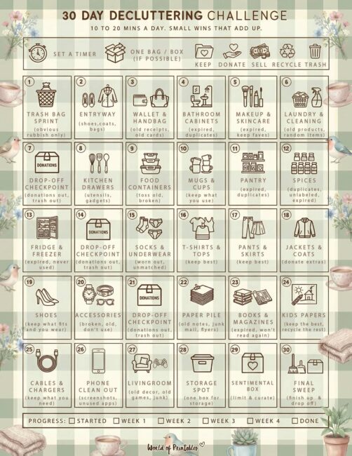 30 Day Decluttering Challenge Printable - Cottagecore Theme