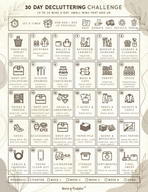 30 Day Decluttering Challenge Printable - Earthy Botanical Theme