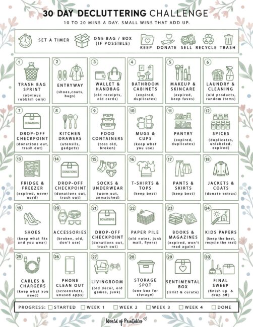 30 Day Decluttering Challenge Printable - Floral and Botanical Theme