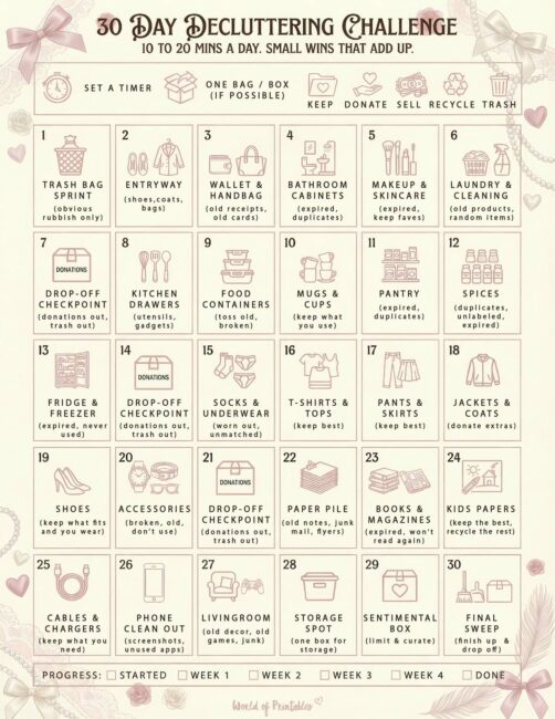 30 Day Decluttering Challenge Printable - Girly Classic Theme