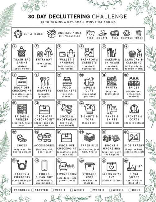 30 Day Decluttering Challenge Printable - Leafy Theme