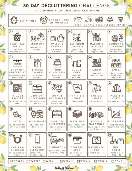 30 Day Decluttering Challenge Printable - Lemon Theme