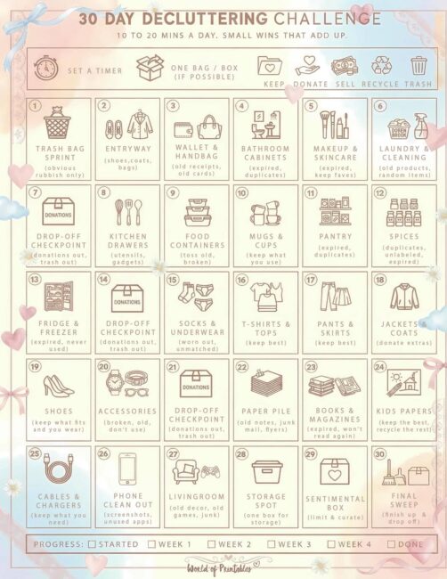 30 Day Decluttering Challenge Printable - Soft Theme
