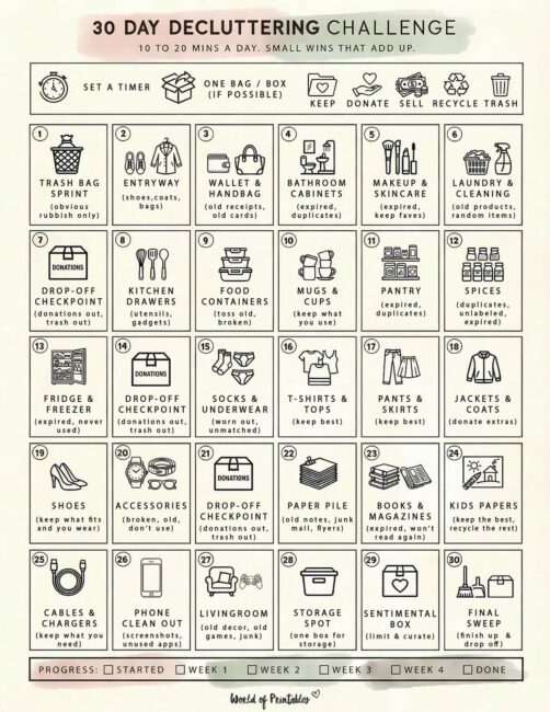 30 Day Decluttering Challenge Printable - Watercolor Theme