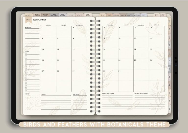 Birds and Feathers with Botanicals Theme Digital Planner