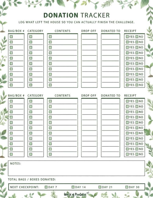 Donation Tracker Printable - Botanical Theme