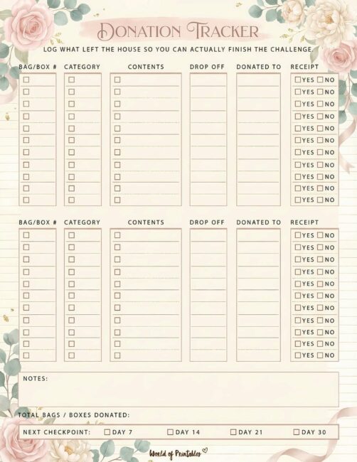 Donation Tracker Printable - Classic Floral Theme