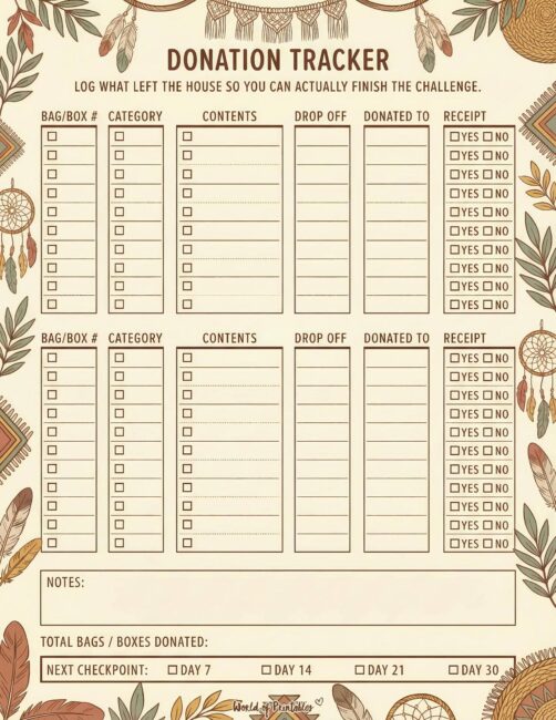 Donation Tracker Printable - Earthy Boho Theme
