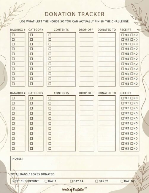Donation Tracker Printable - Earthy Botanical Theme