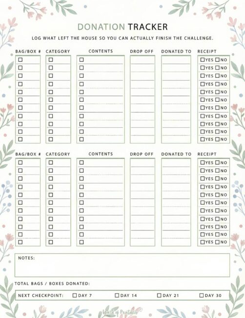 Donation Tracker Printable - Floral and Botanical Theme