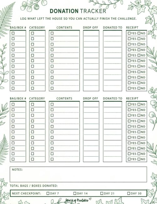 Donation Tracker Printable - Leafy Theme
