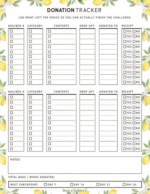 Donation Tracker Printable - Lemon Theme