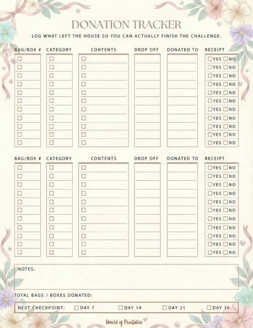 Donation Tracker Printable - Pastel Flowers Theme