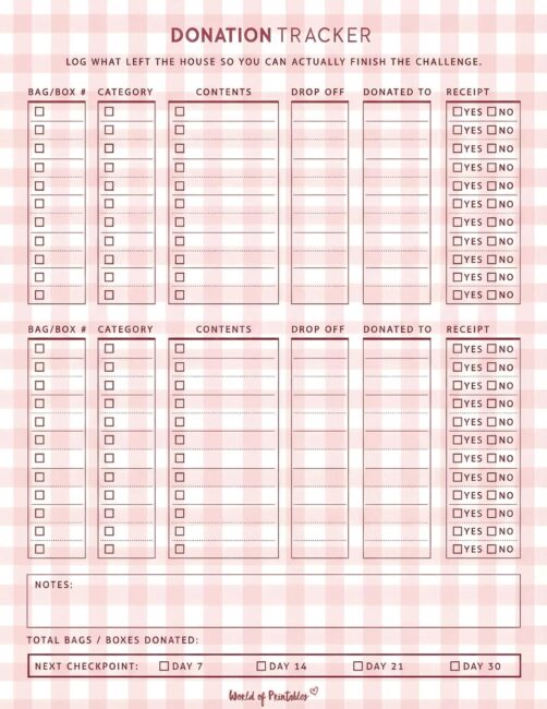 Donation Tracker Printable - Pink Gingham Theme