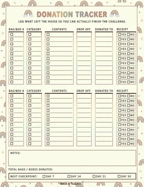 Donation Tracker Printable - Rainbow Theme