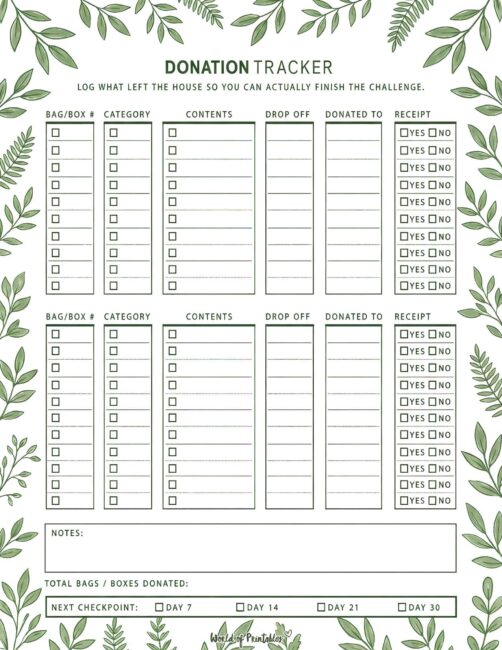 Donation Tracker Printable - Simple Leaf Theme