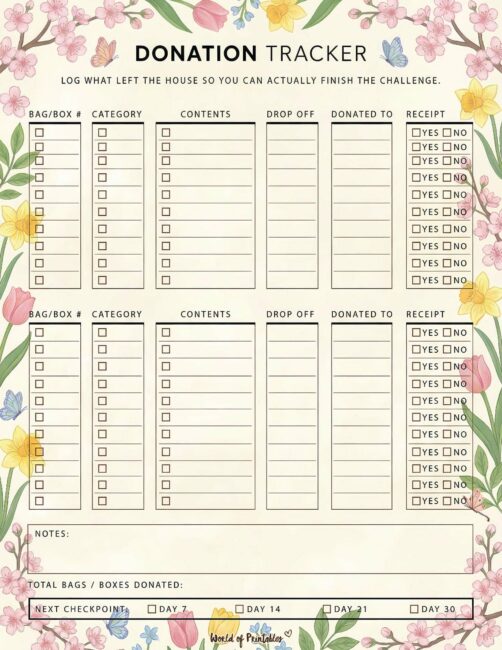 Donation Tracker Printable - Spring Floral Theme