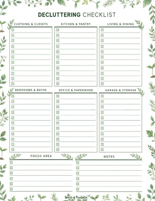 Printable Decluttering Checklist - Botanical Theme