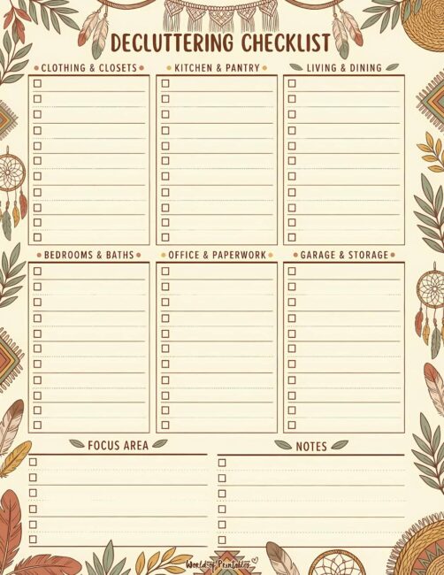Printable Decluttering Checklist - Earthy Boho Theme