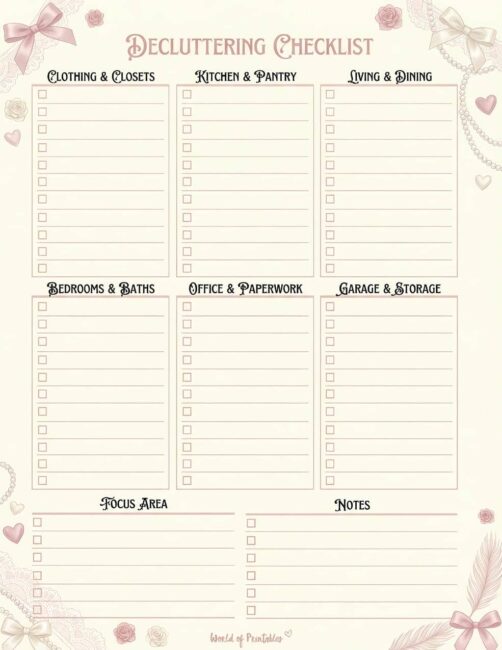 Printable Decluttering Checklist - Girly Classic Theme